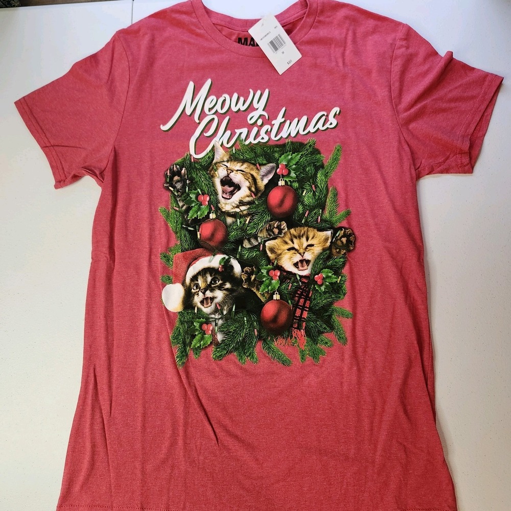 Mad Engine Meowy Christmas Cat Holiday Graphic T-Shirt Mens M Red Crew Neck NWOT